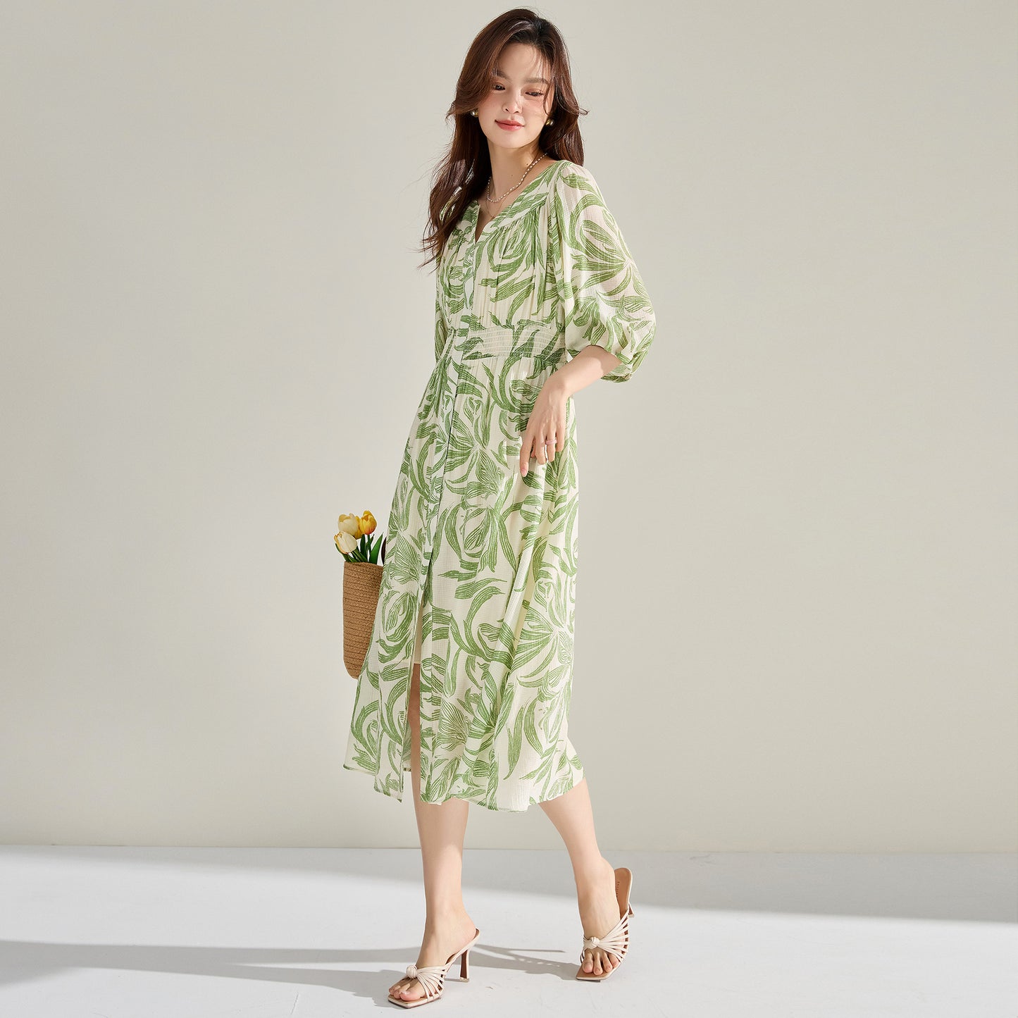 V-neck Green Printed Dress Lantern Sleeve Dress