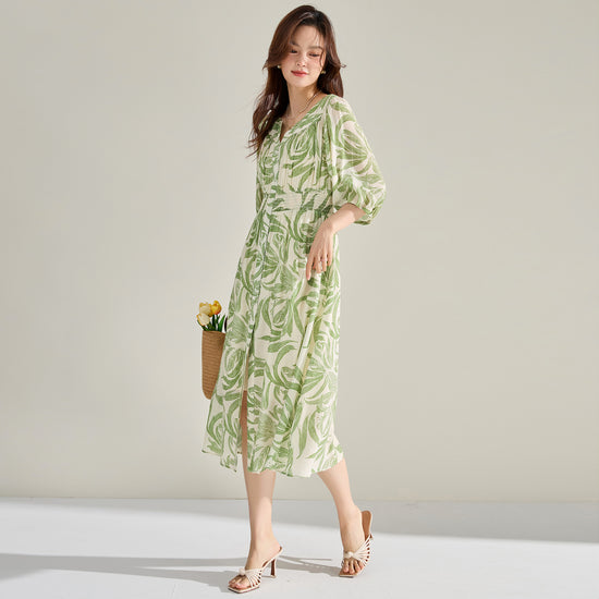 V-neck Green Printed Dress Lantern Sleeve Dress