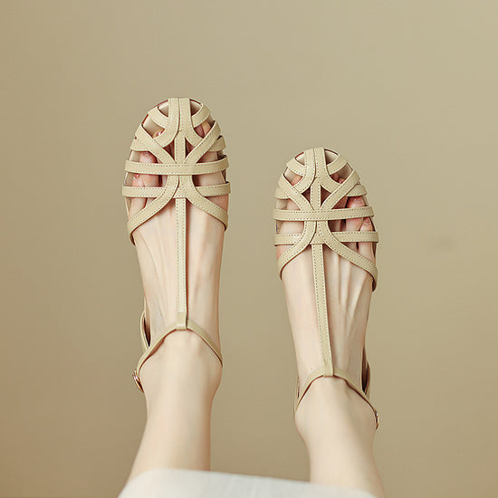 Women's Woven Hollowed Closed Toe Low Heel Flat Sandals