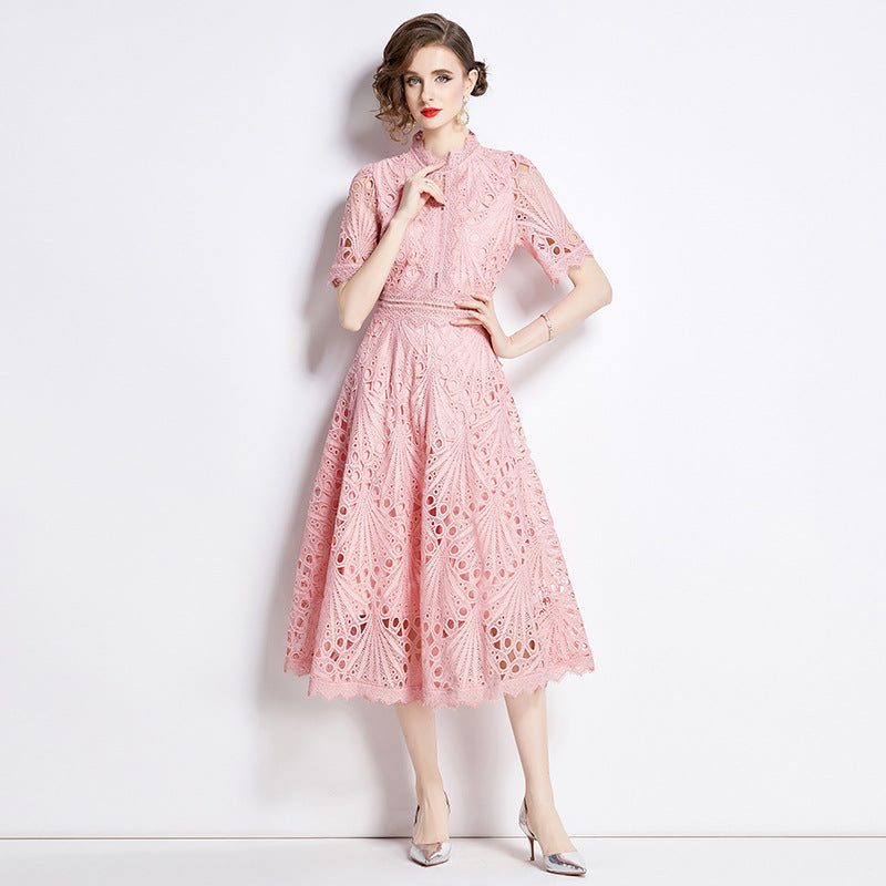 Women's French High-grade Lace Patchwork Round Neck Dress