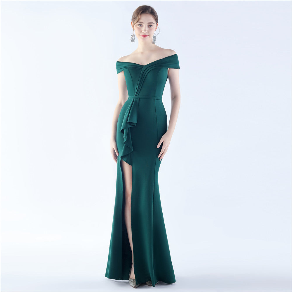 Female Solid Color Satin Off-shoulder Long Evening Dress