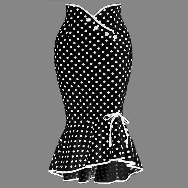 Button Lace-up Polka Dots Half Body Slim-fit Fishtail Skirt