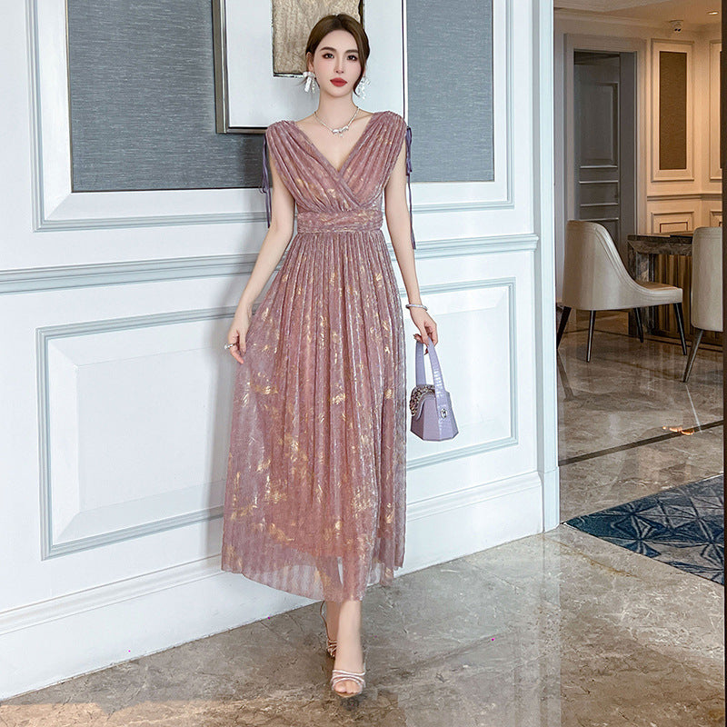Drawstring Short Sleeve Cinched Pleated A- Line Dress