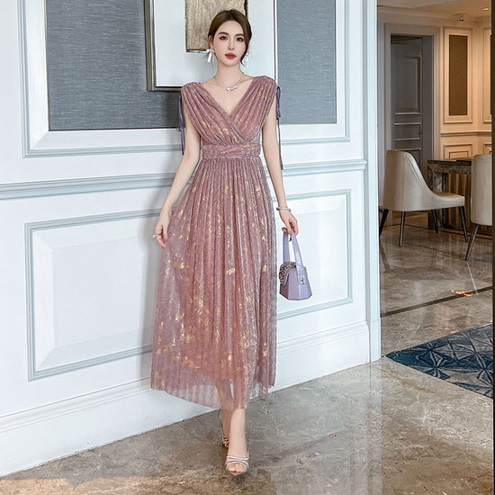 Drawstring Short Sleeve Cinched Pleated A- Line Dress