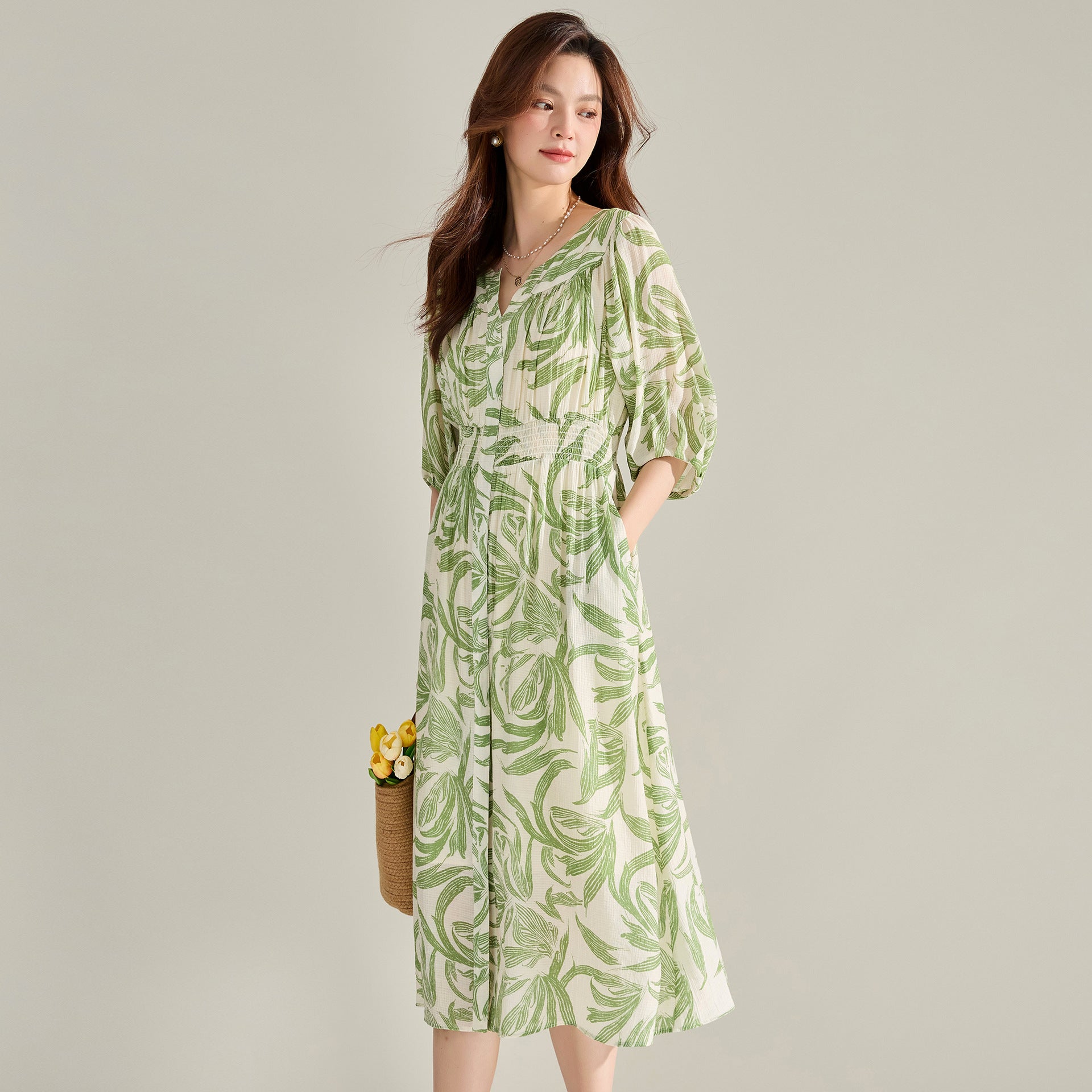 V-neck Green Printed Dress Lantern Sleeve Dress