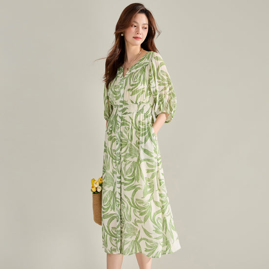 V-neck Green Printed Dress Lantern Sleeve Dress