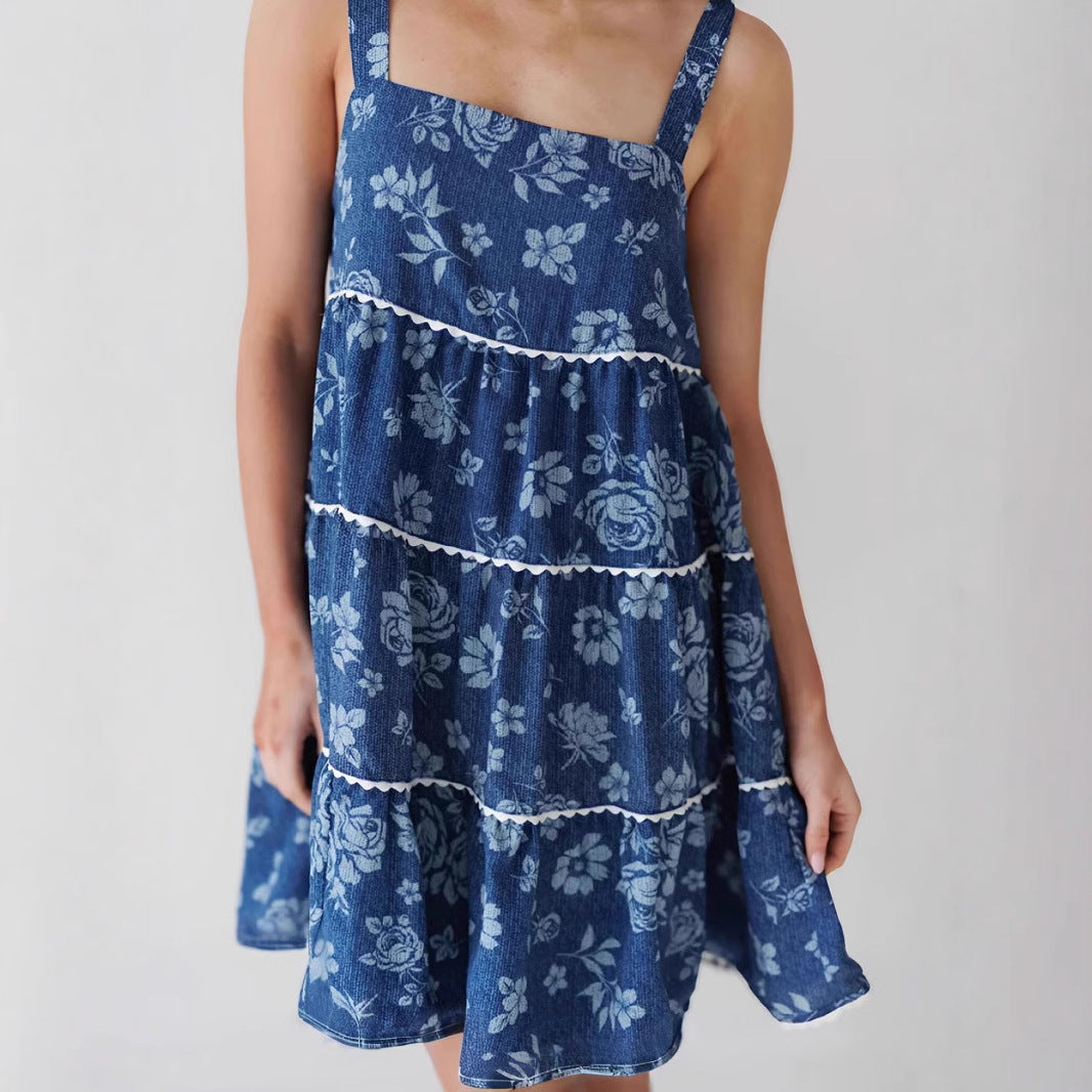 Sling Pleated Backless Denim Dress Women