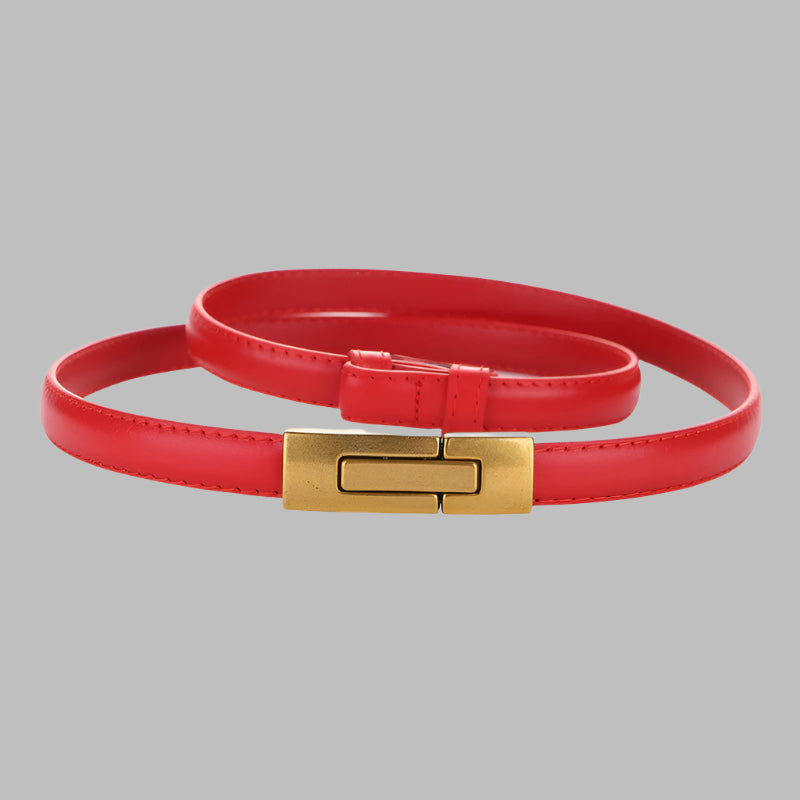 Women's Leather Thin Belt First Layer Cow Leather Button