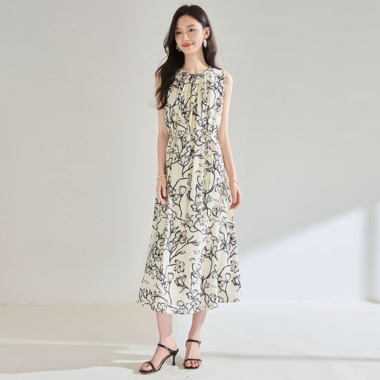 Printed Loose Round Neck Vacation Style Sleeveless Dress