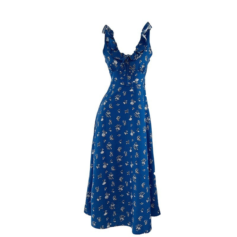 Klein Blue White Romantic Floral Tie-neck Dress