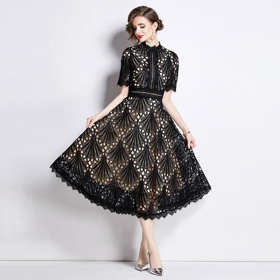 Women's French High-grade Lace Patchwork Round Neck Dress