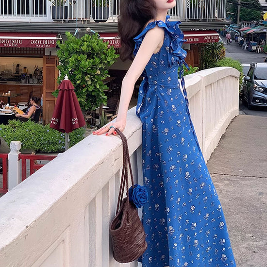 Klein Blue White Romantic Floral Tie-neck Dress