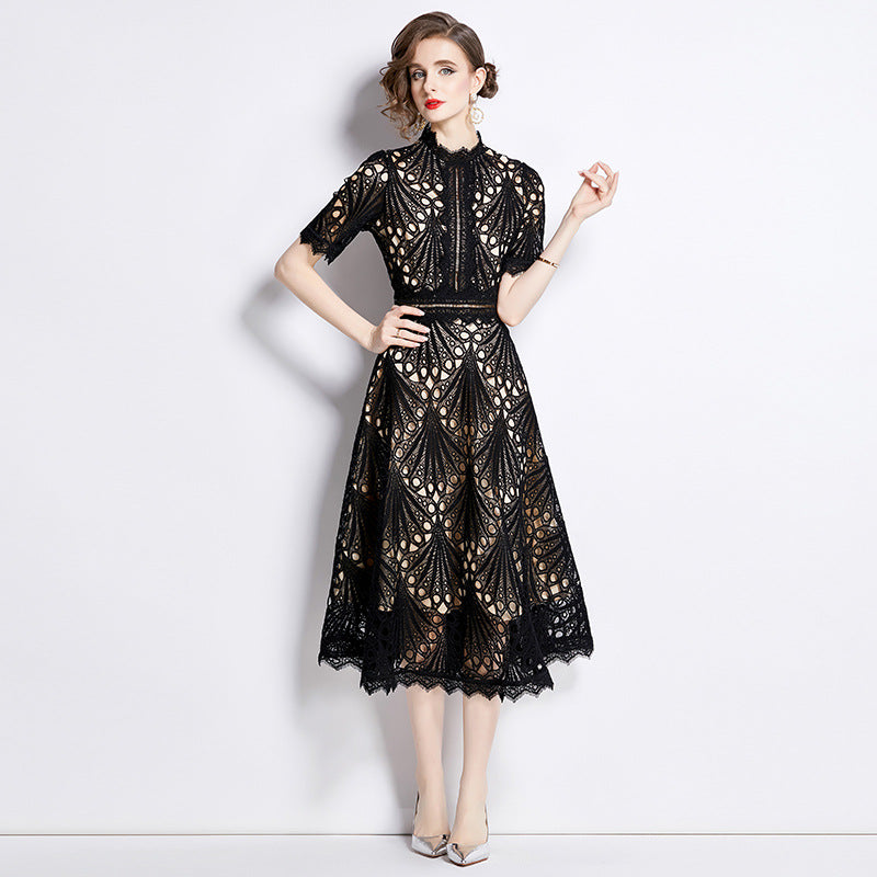Women's French High-grade Lace Patchwork Round Neck Dress