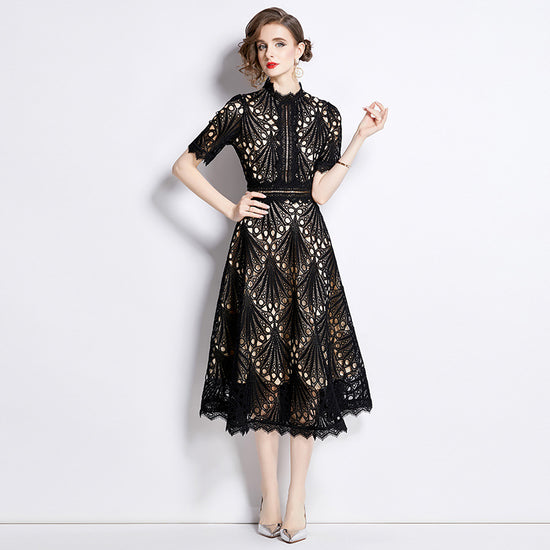 Women's French High-grade Lace Patchwork Round Neck Dress