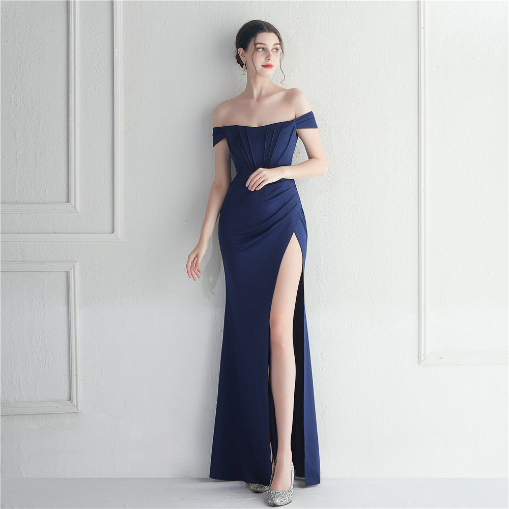 Female Solid Color Off Shoulder One Neck Slit Dress