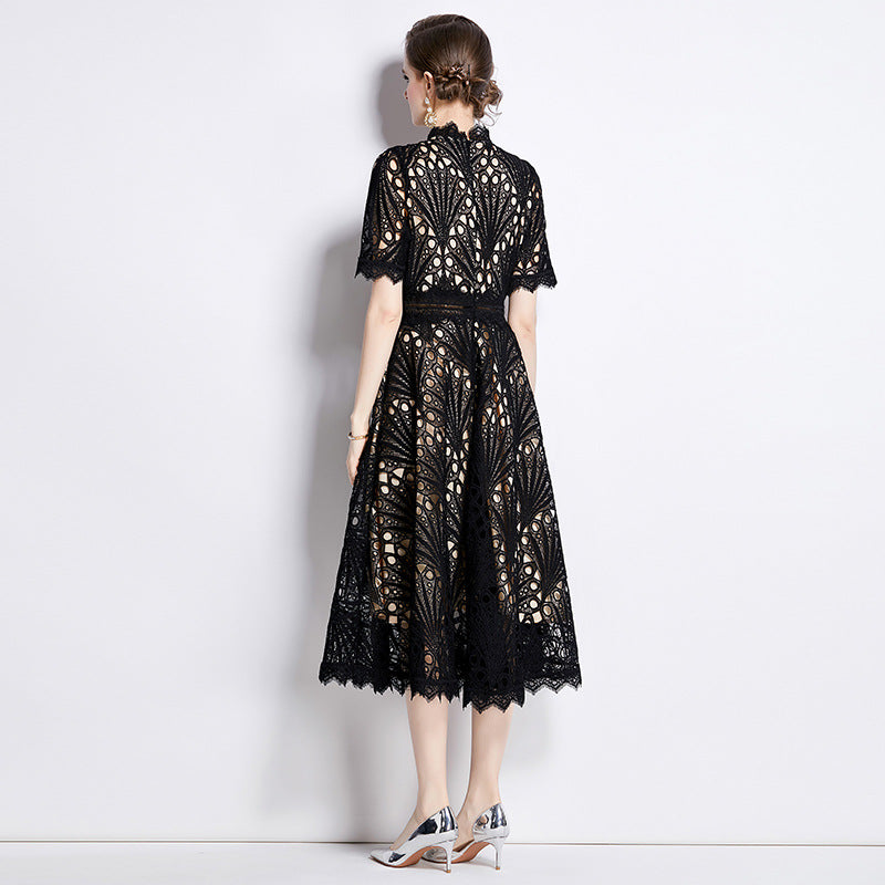 Women's French High-grade Lace Patchwork Round Neck Dress