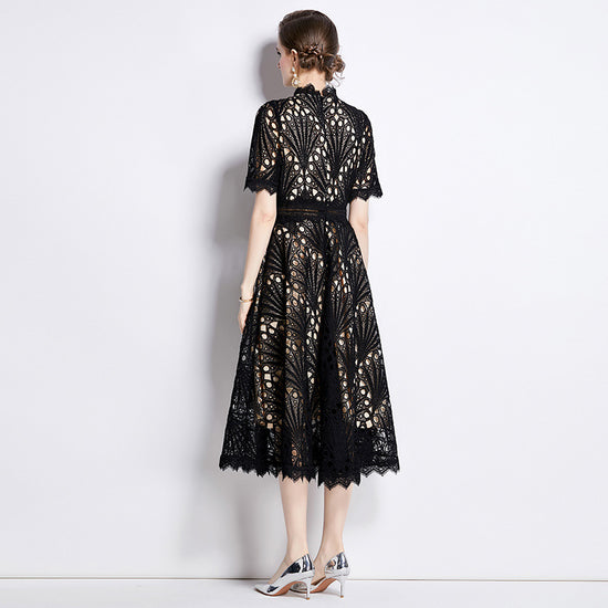 Women's French High-grade Lace Patchwork Round Neck Dress