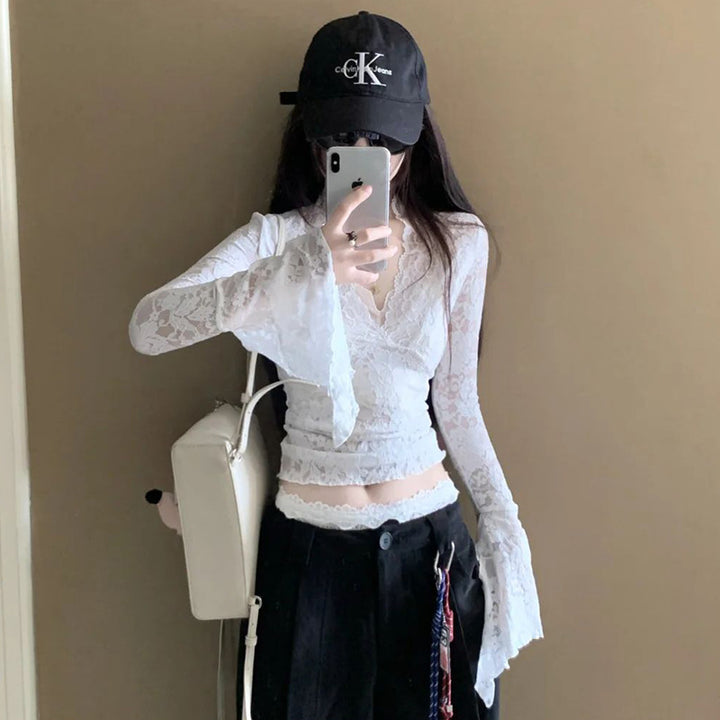 Women's V-neck Long Sleeve Lace Shirt
