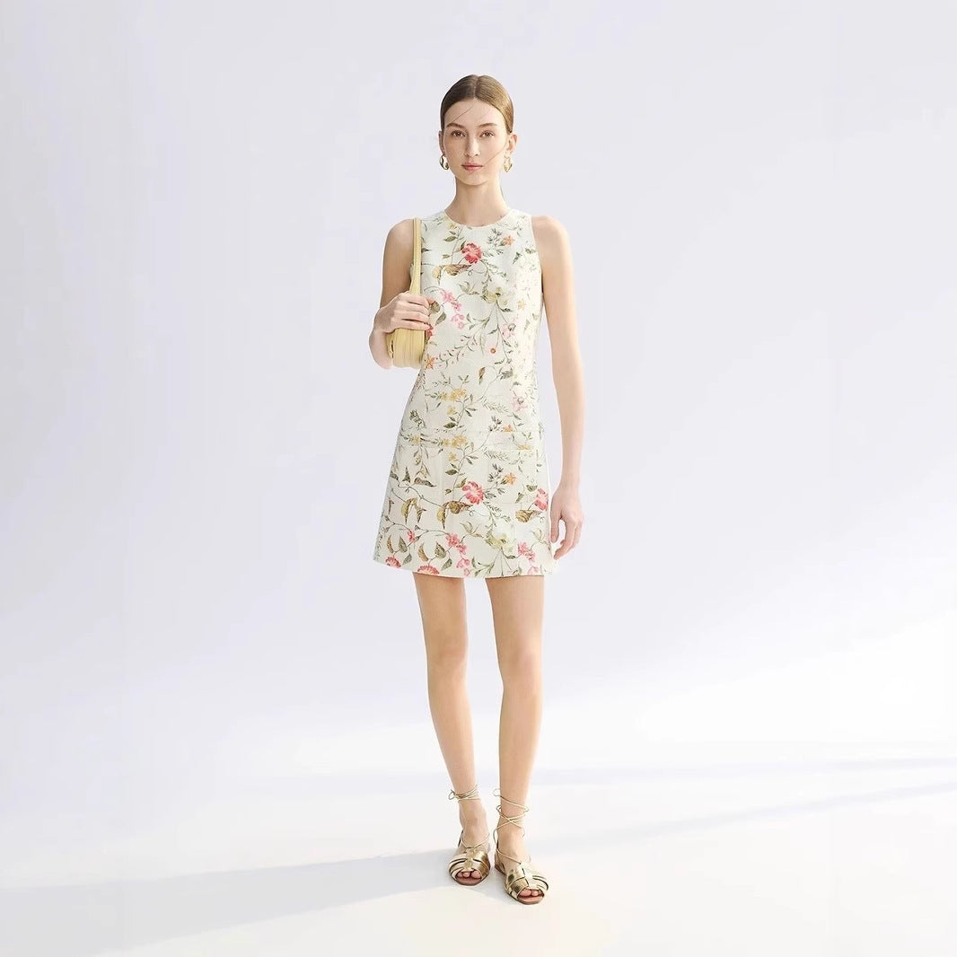Sleeveless French Jacquard Texture Round Neck Dress Women