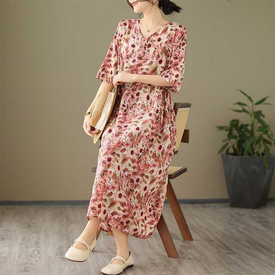 V-neck Half Sleeve Ethnic Print Summer Dress