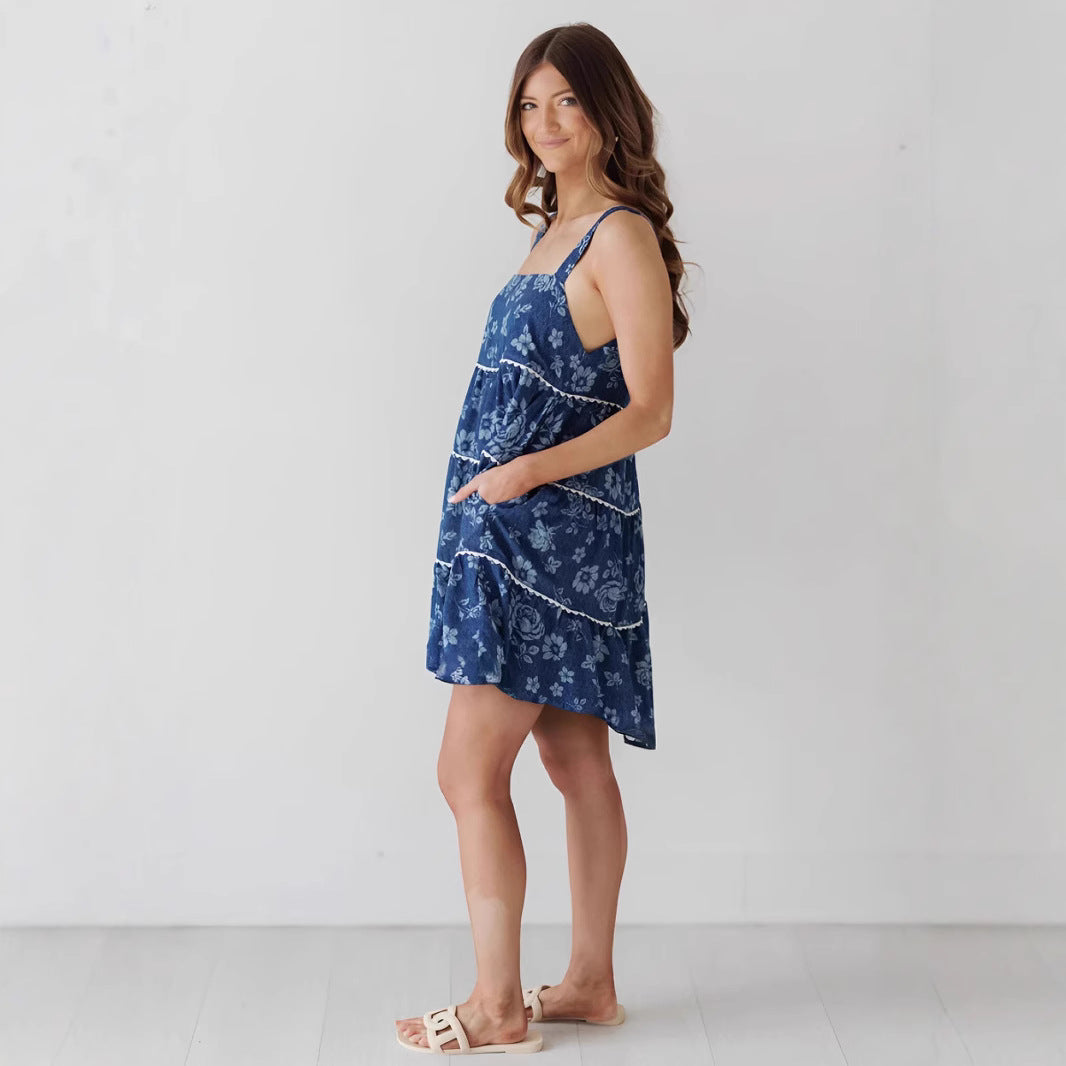 Sling Pleated Backless Denim Dress Women