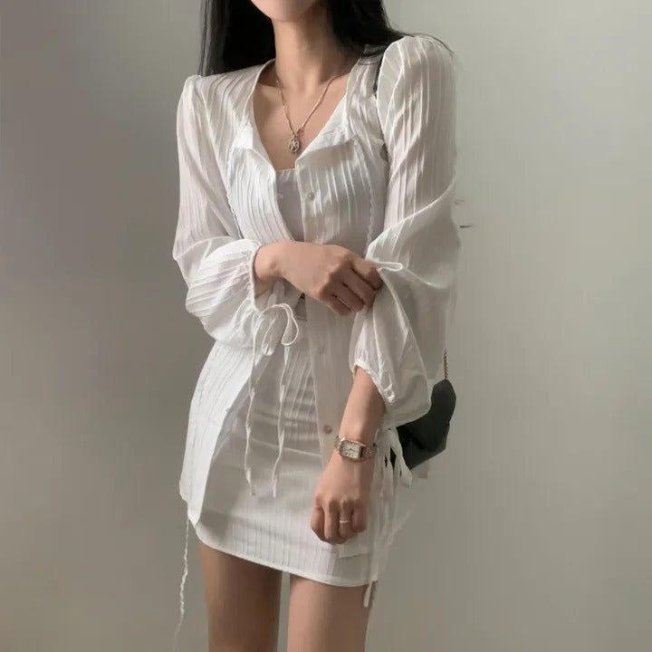 French Minority Design Waist-tight Sunscreen Lace-up Long Sleeve Shirt Slimming Skirt Suit