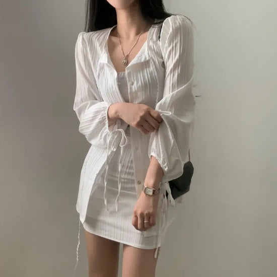 French Minority Design Waist-tight Sunscreen Lace-up Long Sleeve Shirt Slimming Skirt Suit