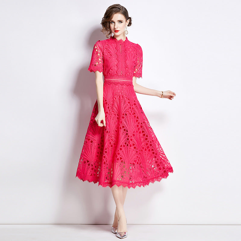 Women's French High-grade Lace Patchwork Round Neck Dress
