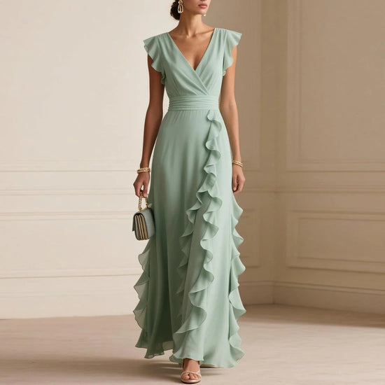 Solid Color Pleated Short Sleeves V-neck Dress