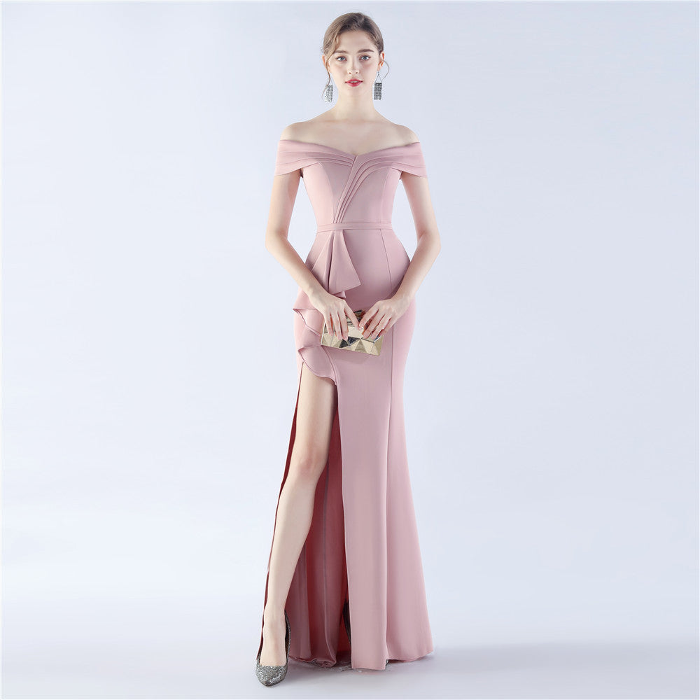 Female Solid Color Satin Off-shoulder Long Evening Dress