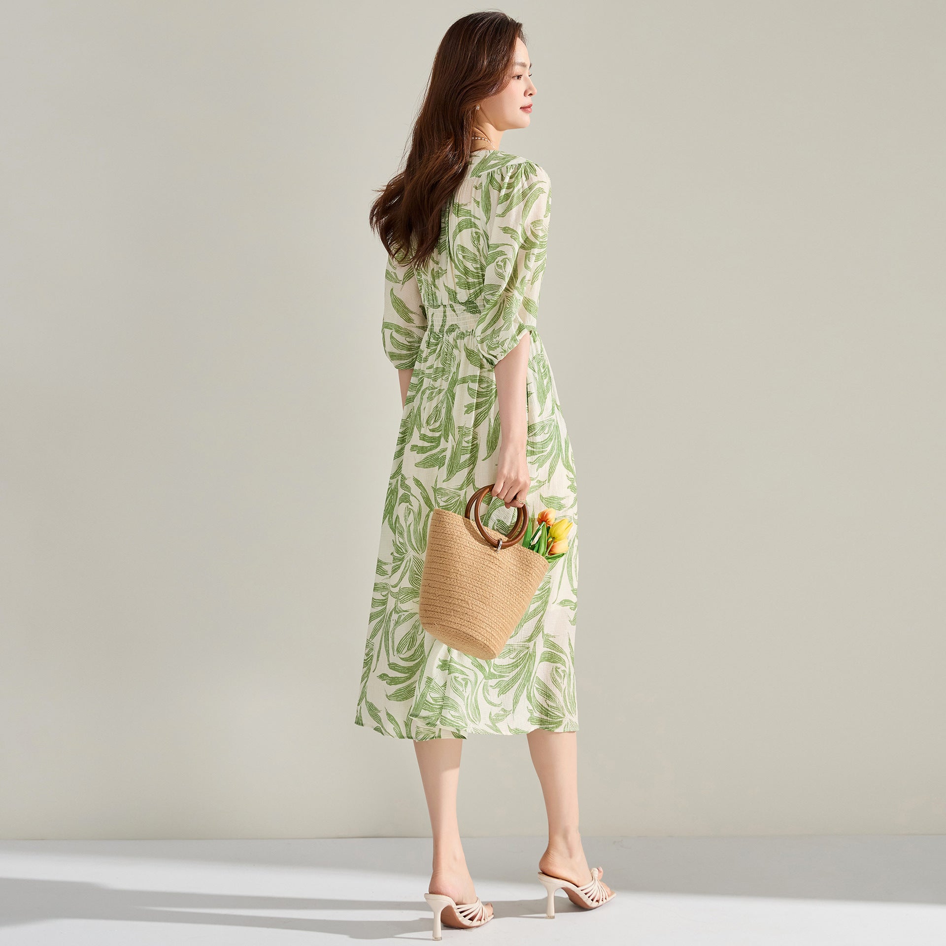 V-neck Green Printed Dress Lantern Sleeve Dress