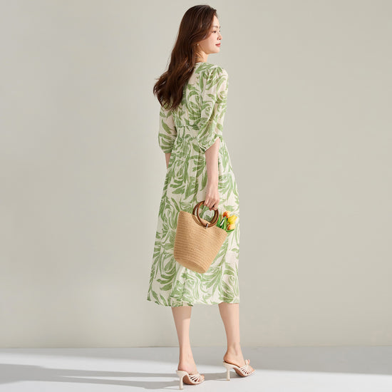 V-neck Green Printed Dress Lantern Sleeve Dress