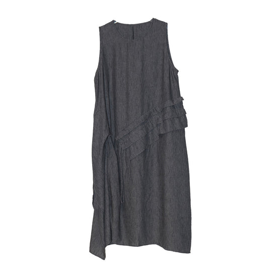 Women's Retro Crew Neck Patchwork Ruffled Drawstring Sleeveless Dress
