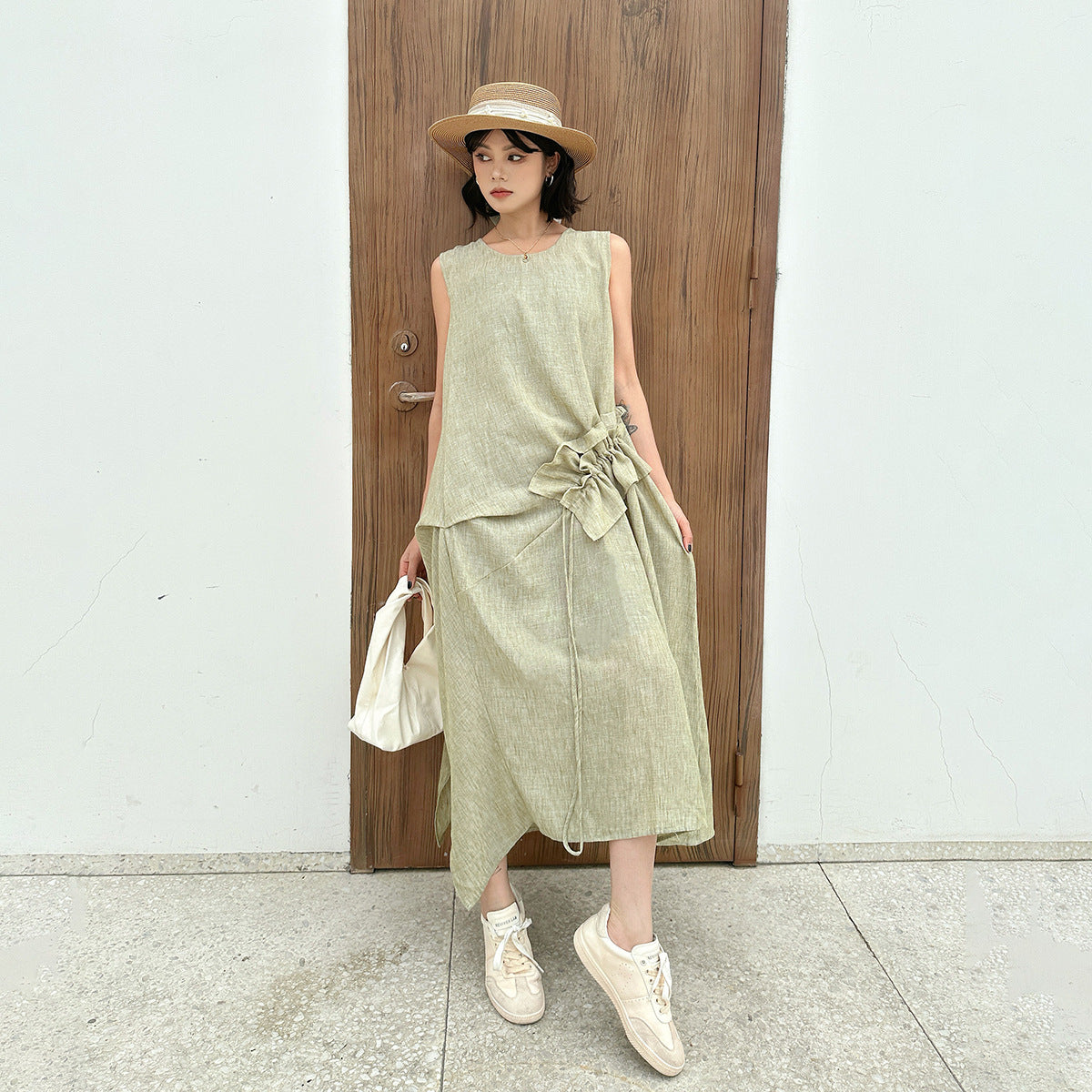 Women's Retro Crew Neck Patchwork Ruffled Drawstring Sleeveless Dress