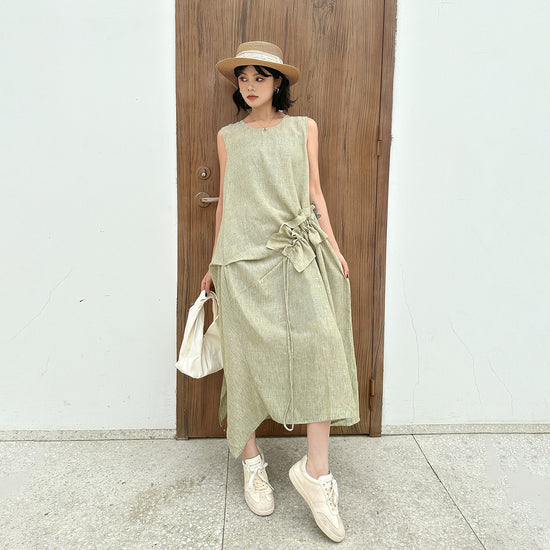Women's Retro Crew Neck Patchwork Ruffled Drawstring Sleeveless Dress