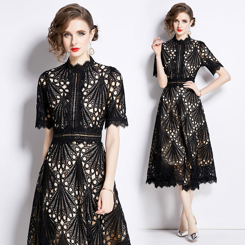 Women's French High-grade Lace Patchwork Round Neck Dress