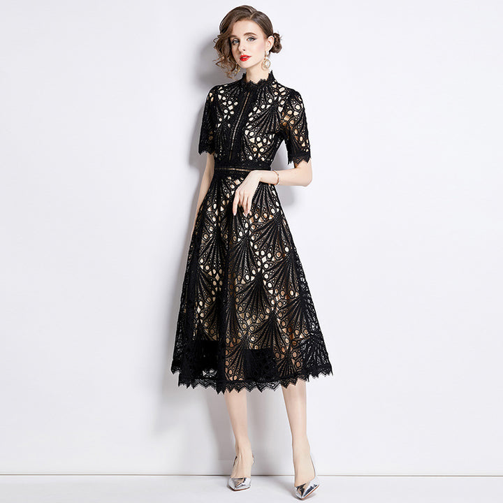 Women's French High-grade Lace Patchwork Round Neck Dress