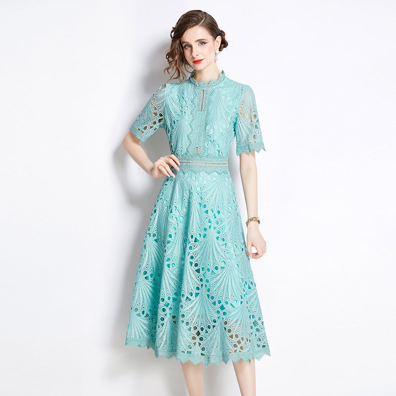 Women's French High-grade Lace Patchwork Round Neck Dress