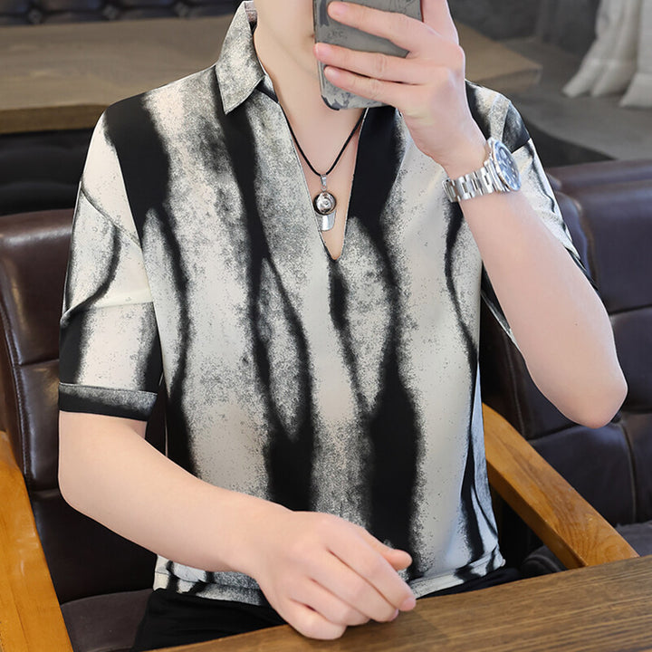 V-neck Stripe Trendy Loose Half Sleeve Shirt Loose