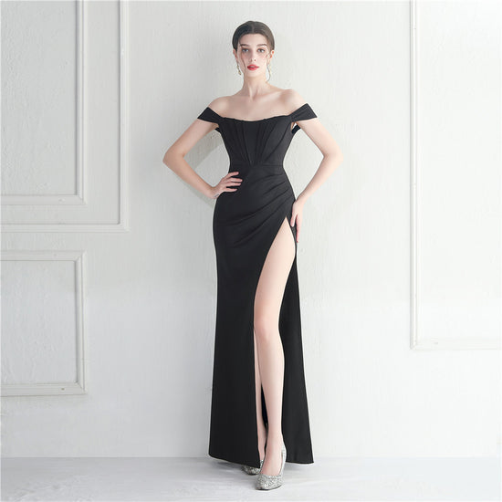 Female Solid Color Off Shoulder One Neck Slit Dress