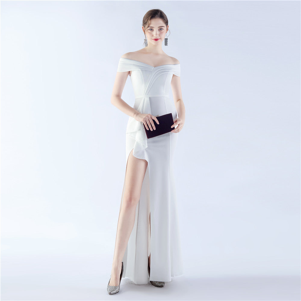 Female Solid Color Satin Off-shoulder Long Evening Dress