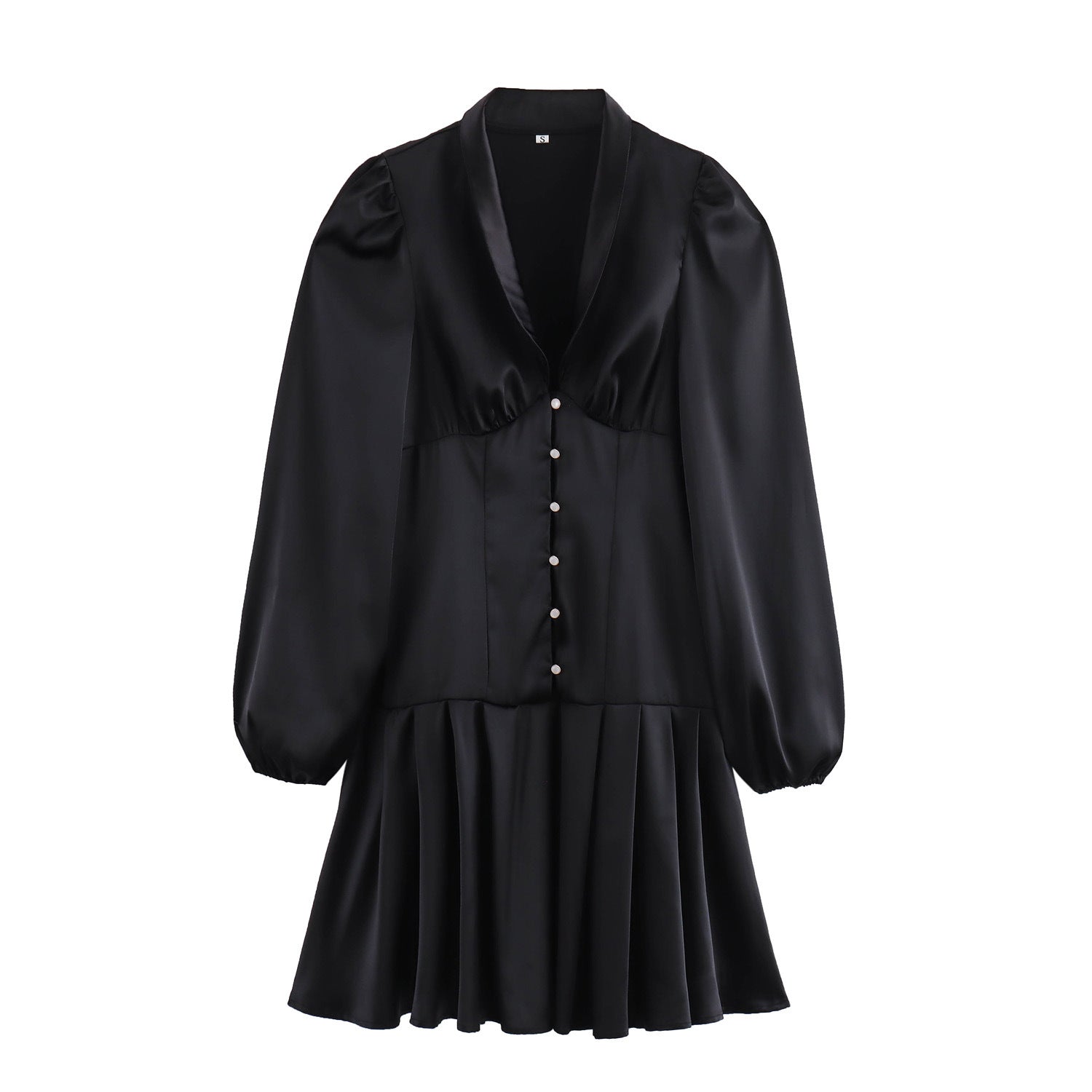 Sweet Satin Dress V-neck Fitted Waist Pleated Skirt