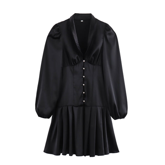 Sweet Satin Dress V-neck Fitted Waist Pleated Skirt