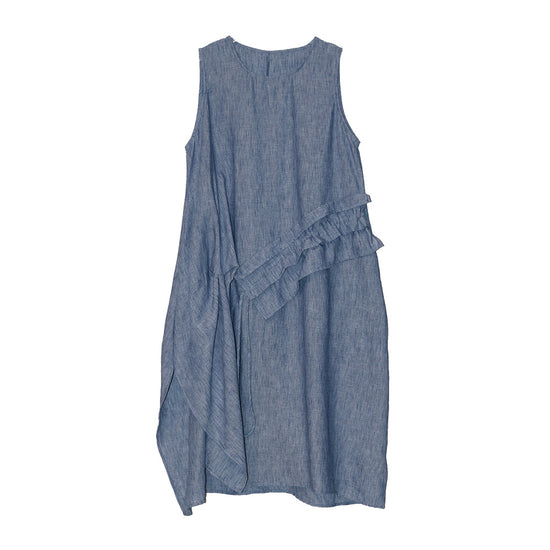 Women's Retro Crew Neck Patchwork Ruffled Drawstring Sleeveless Dress