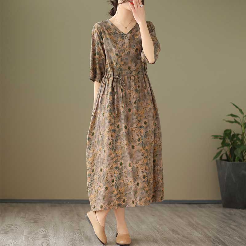 V-neck Half Sleeve Ethnic Print Summer Dress