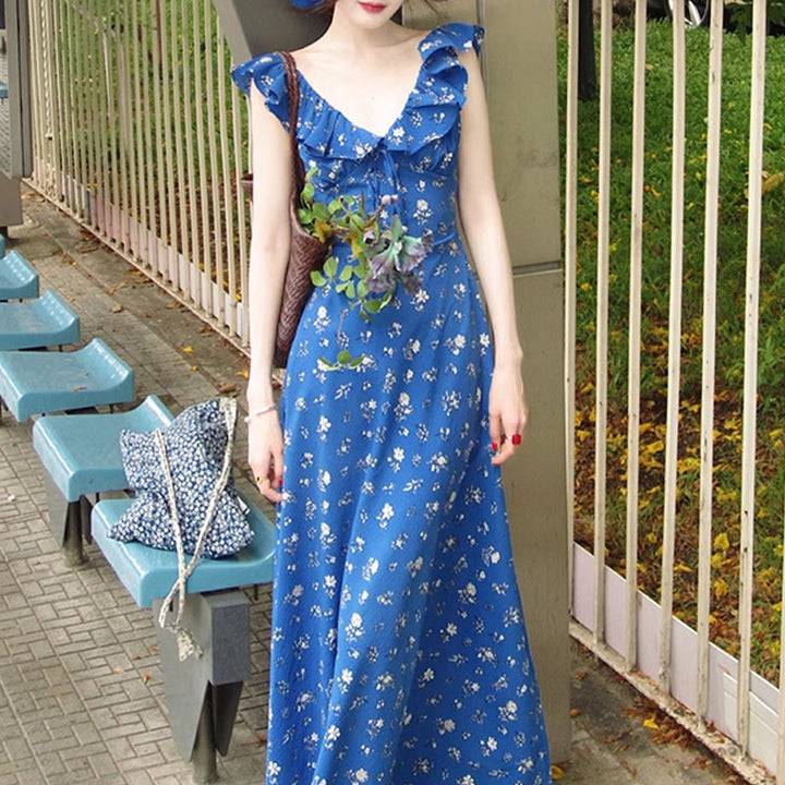 Klein Blue White Romantic Floral Tie-neck Dress