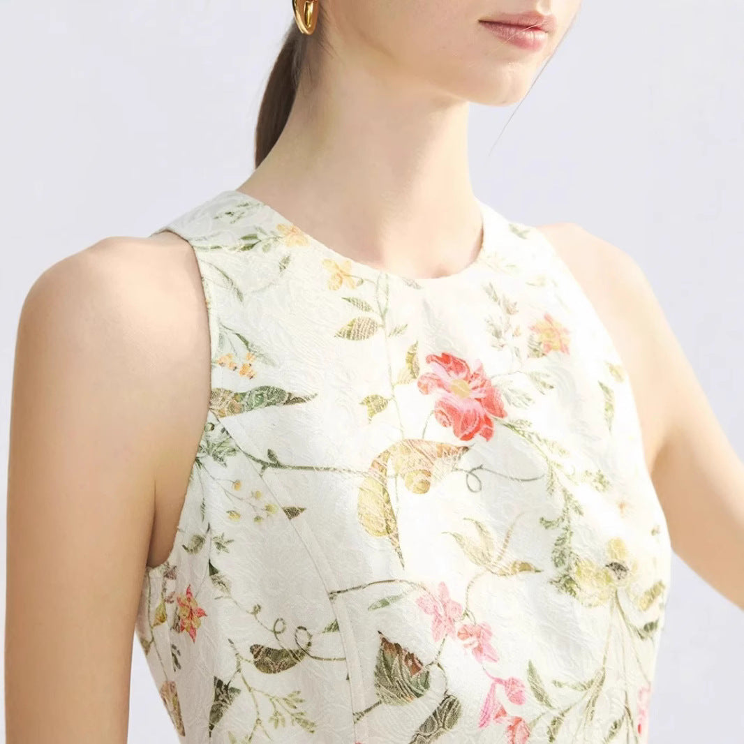 Sleeveless French Jacquard Texture Round Neck Dress Women