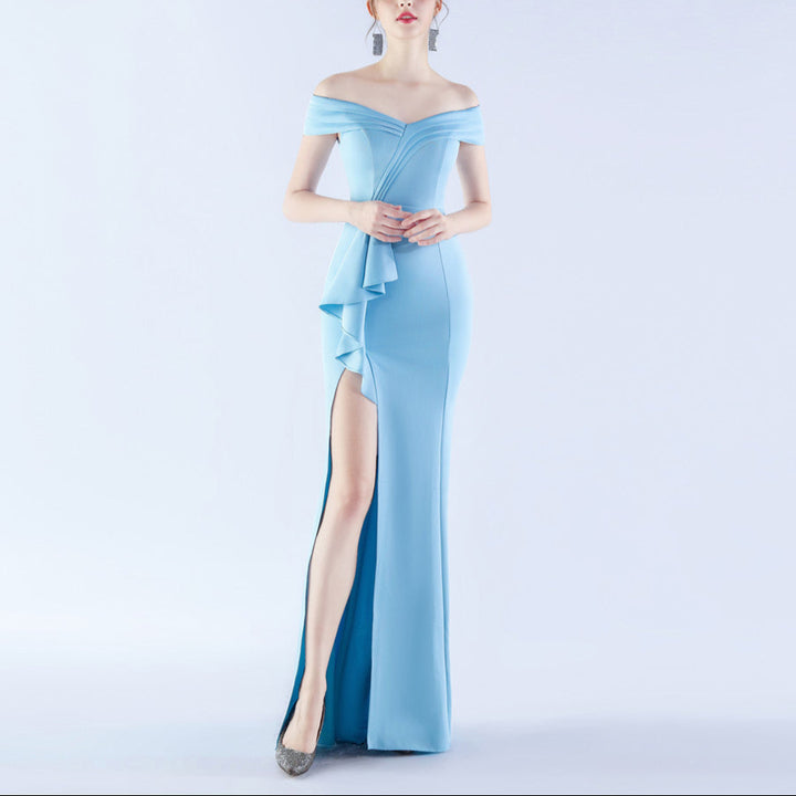 Female Solid Color Satin Off-shoulder Long Evening Dress