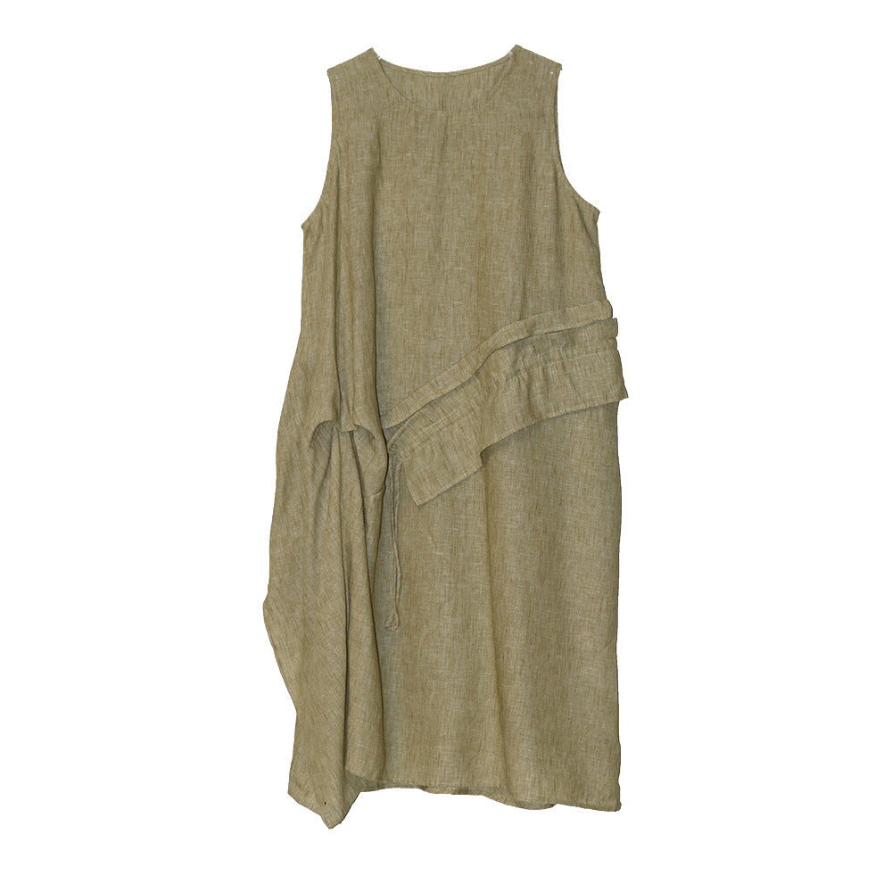 Women's Retro Crew Neck Patchwork Ruffled Drawstring Sleeveless Dress