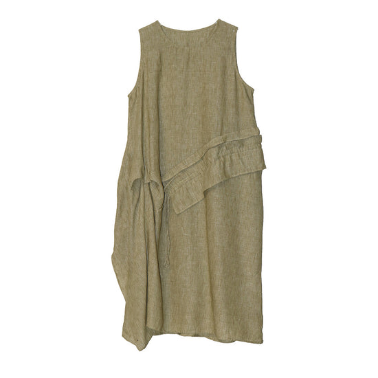 Women's Retro Crew Neck Patchwork Ruffled Drawstring Sleeveless Dress